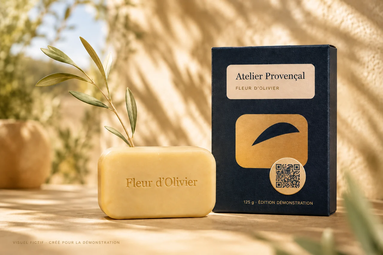 Visuel fictif du savon Fleur d’Olivier et de son étui de démonstration