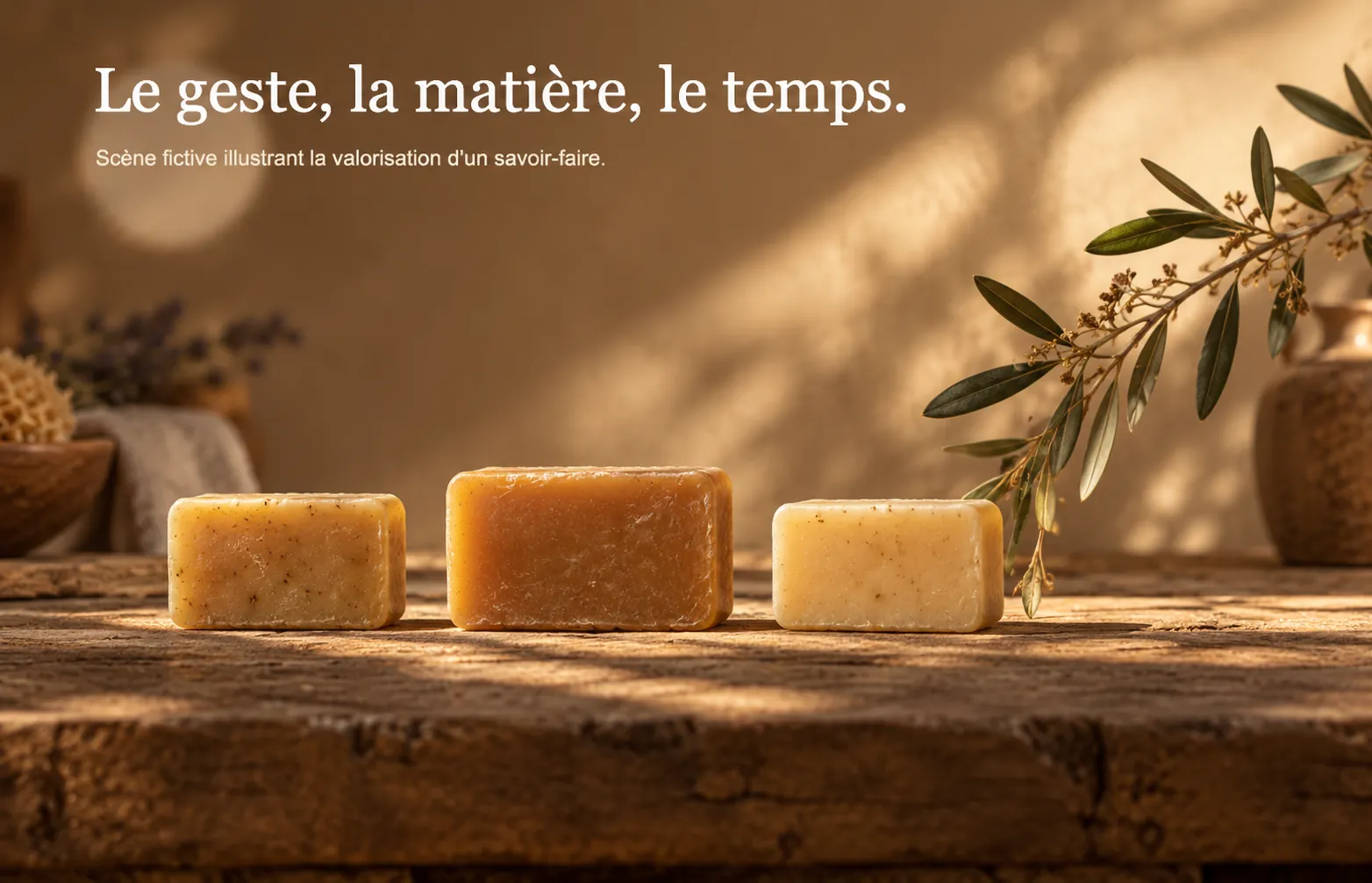Mise en scène photoréaliste de savons artisanaux et d’un rameau d’olivier en lumière provençale